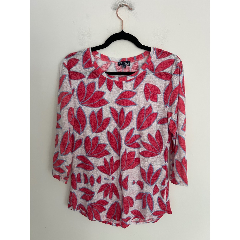 Top Ligne Women M  Red Blue Leaf Print 3/4 Sleeve Burnout‎ Knit Top Semi-Sheer